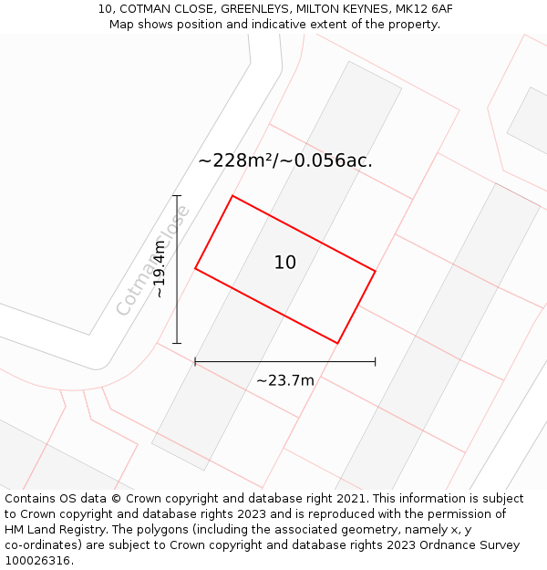 10, COTMAN CLOSE, GREENLEYS, MILTON KEYNES, MK12 6AF: Plot and title map