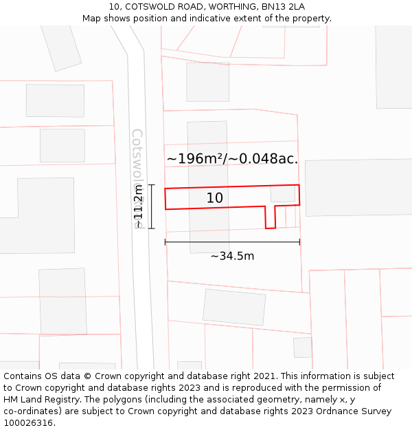 10, COTSWOLD ROAD, WORTHING, BN13 2LA: Plot and title map