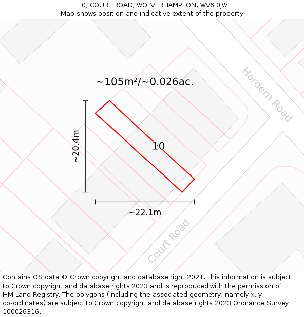 10, COURT ROAD, WOLVERHAMPTON, WV6 0JW: Plot and title map