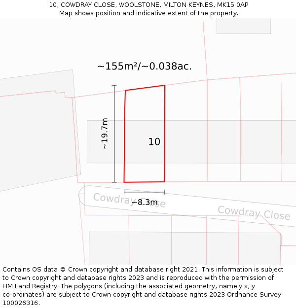 10, COWDRAY CLOSE, WOOLSTONE, MILTON KEYNES, MK15 0AP: Plot and title map