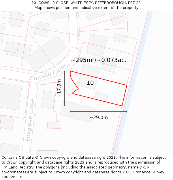 10, COWSLIP CLOSE, WHITTLESEY, PETERBOROUGH, PE7 2FL: Plot and title map