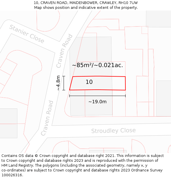 10, CRAVEN ROAD, MAIDENBOWER, CRAWLEY, RH10 7UW: Plot and title map
