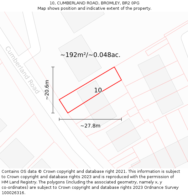 10, CUMBERLAND ROAD, BROMLEY, BR2 0PG: Plot and title map