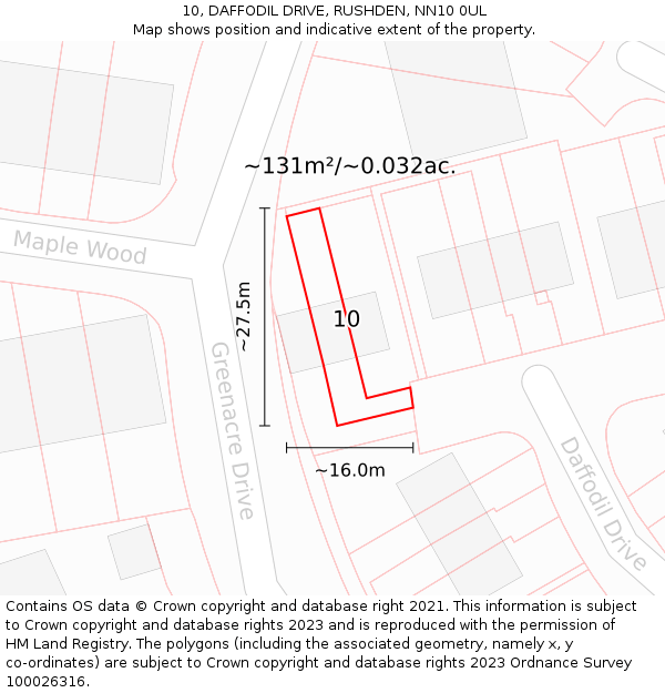 10, DAFFODIL DRIVE, RUSHDEN, NN10 0UL: Plot and title map