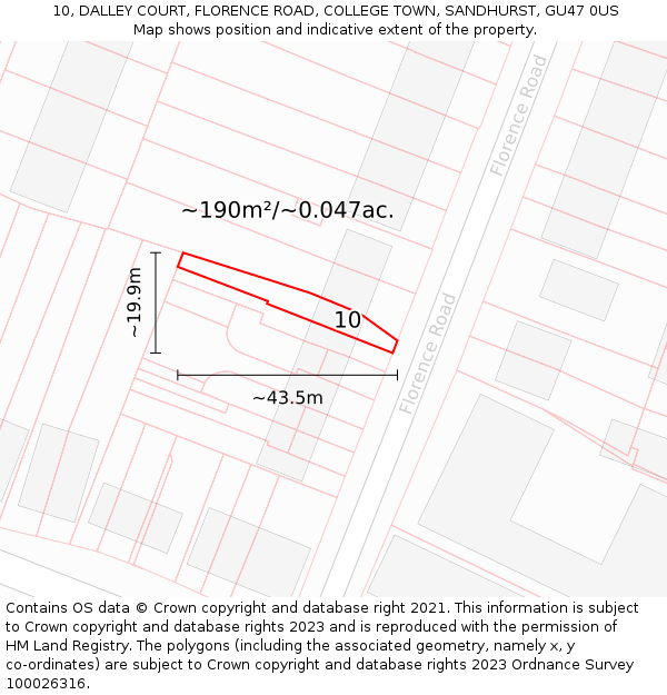 10, DALLEY COURT, FLORENCE ROAD, COLLEGE TOWN, SANDHURST, GU47 0US: Plot and title map