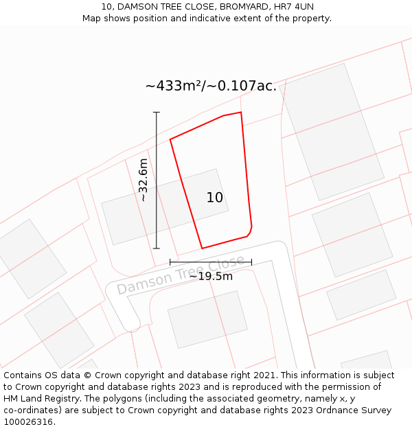 10, DAMSON TREE CLOSE, BROMYARD, HR7 4UN: Plot and title map