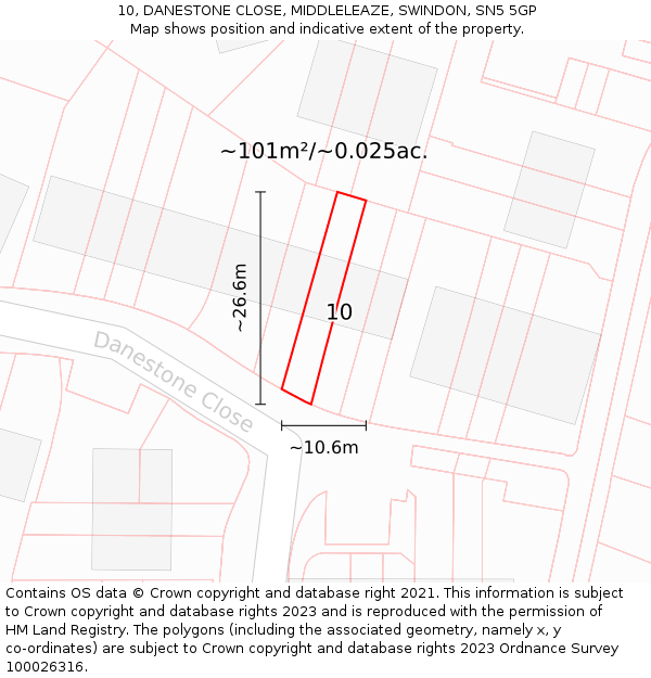10, DANESTONE CLOSE, MIDDLELEAZE, SWINDON, SN5 5GP: Plot and title map