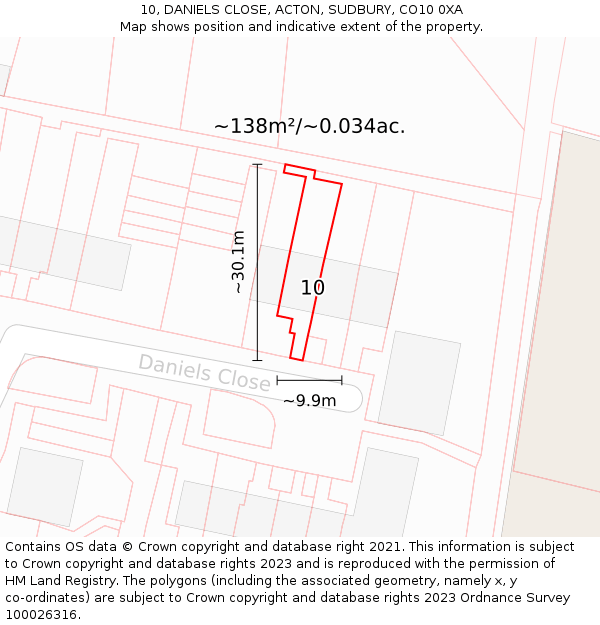 10, DANIELS CLOSE, ACTON, SUDBURY, CO10 0XA: Plot and title map