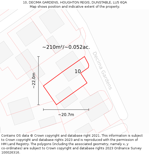 10, DECIMA GARDENS, HOUGHTON REGIS, DUNSTABLE, LU5 6QA: Plot and title map