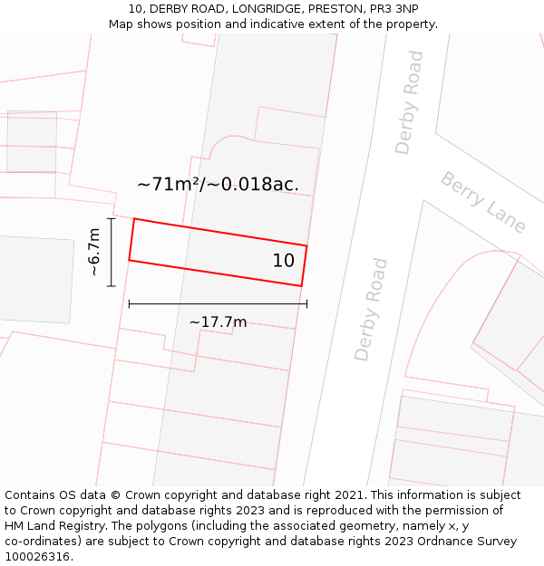 10, DERBY ROAD, LONGRIDGE, PRESTON, PR3 3NP: Plot and title map