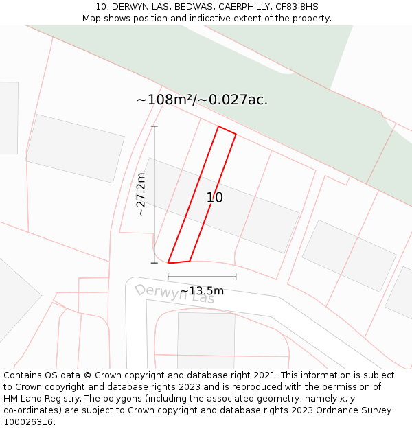 10, DERWYN LAS, BEDWAS, CAERPHILLY, CF83 8HS: Plot and title map