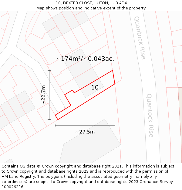 10, DEXTER CLOSE, LUTON, LU3 4DX: Plot and title map
