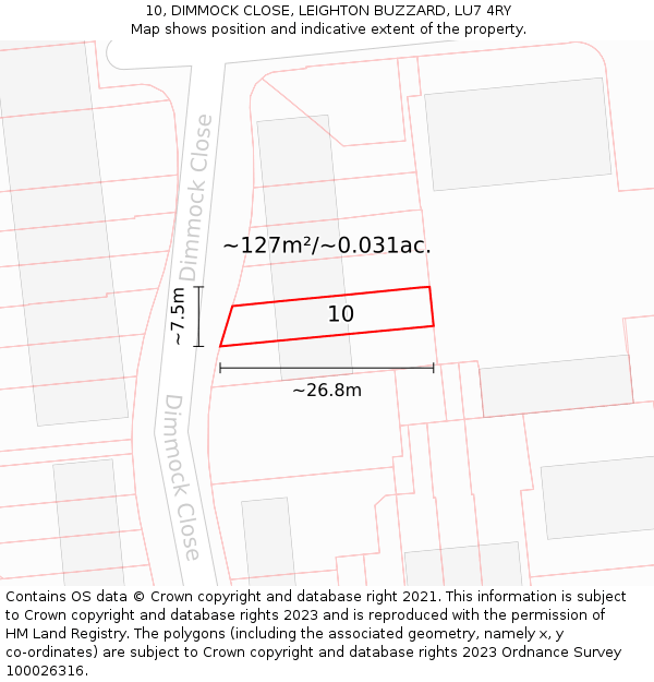 10, DIMMOCK CLOSE, LEIGHTON BUZZARD, LU7 4RY: Plot and title map