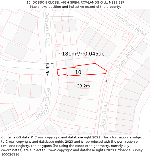 10, DOBSON CLOSE, HIGH SPEN, ROWLANDS GILL, NE39 2BF: Plot and title map
