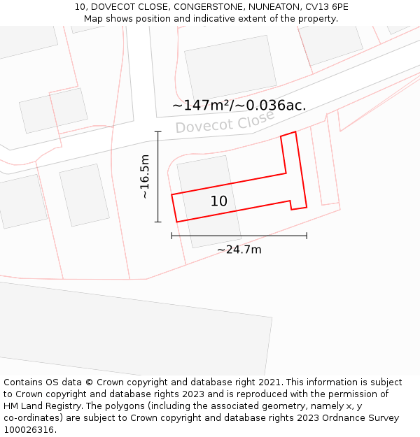 10, DOVECOT CLOSE, CONGERSTONE, NUNEATON, CV13 6PE: Plot and title map
