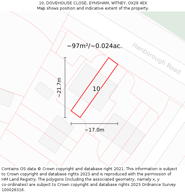 10, DOVEHOUSE CLOSE, EYNSHAM, WITNEY, OX29 4EX: Plot and title map