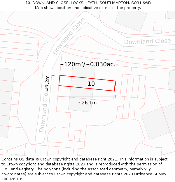 10, DOWNLAND CLOSE, LOCKS HEATH, SOUTHAMPTON, SO31 6WB: Plot and title map