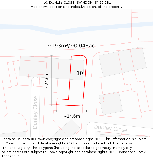 10, DUNLEY CLOSE, SWINDON, SN25 2BL: Plot and title map