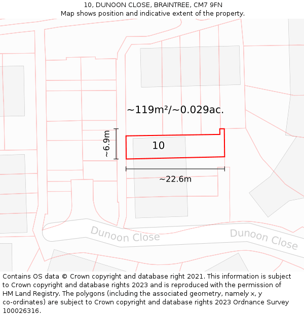 10, DUNOON CLOSE, BRAINTREE, CM7 9FN: Plot and title map