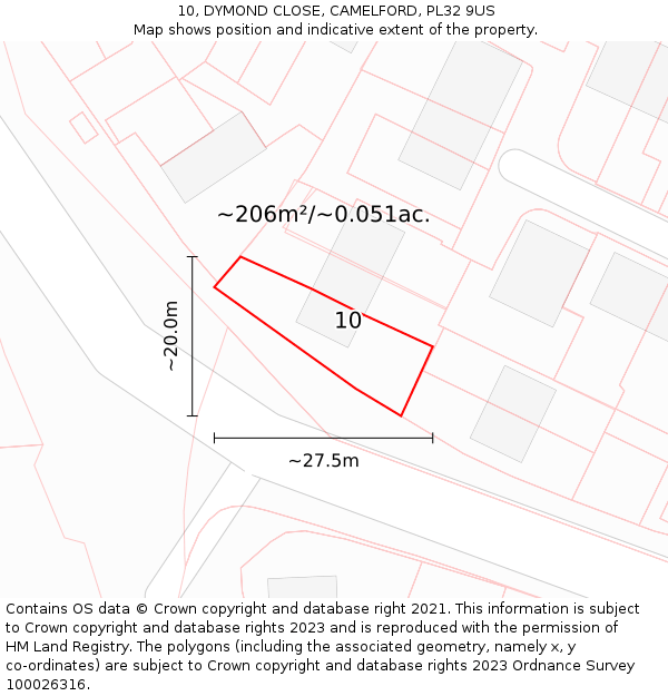 10, DYMOND CLOSE, CAMELFORD, PL32 9US: Plot and title map