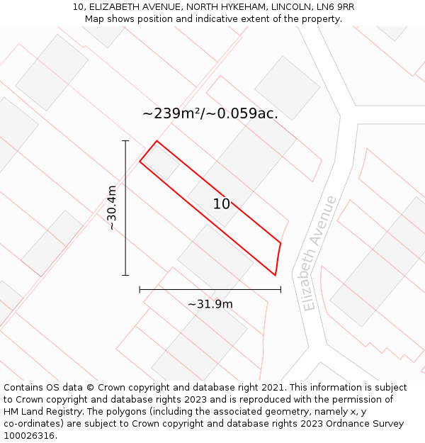 10, ELIZABETH AVENUE, NORTH HYKEHAM, LINCOLN, LN6 9RR: Plot and title map