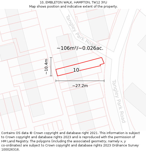 10, EMBLETON WALK, HAMPTON, TW12 3YU: Plot and title map