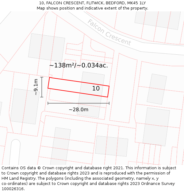 10, FALCON CRESCENT, FLITWICK, BEDFORD, MK45 1LY: Plot and title map