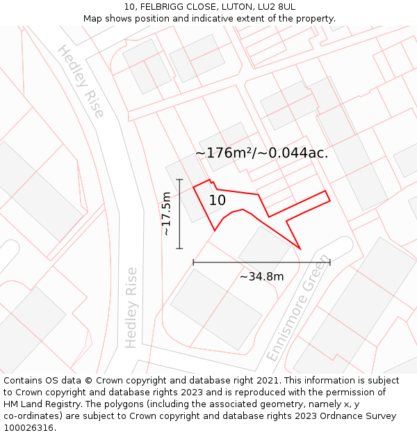 10, FELBRIGG CLOSE, LUTON, LU2 8UL: Plot and title map