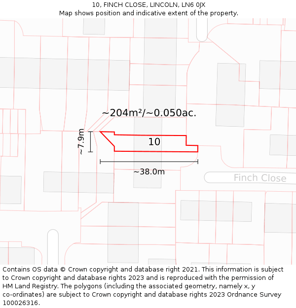 10, FINCH CLOSE, LINCOLN, LN6 0JX: Plot and title map
