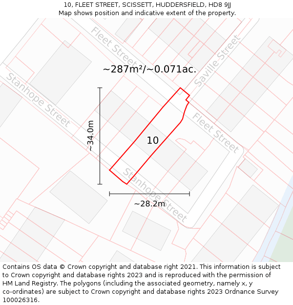 10, FLEET STREET, SCISSETT, HUDDERSFIELD, HD8 9JJ: Plot and title map