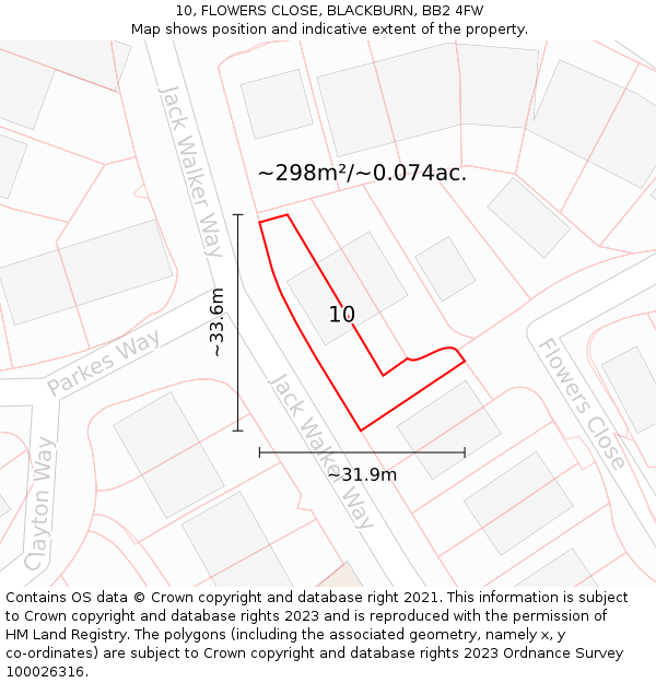 10, FLOWERS CLOSE, BLACKBURN, BB2 4FW: Plot and title map