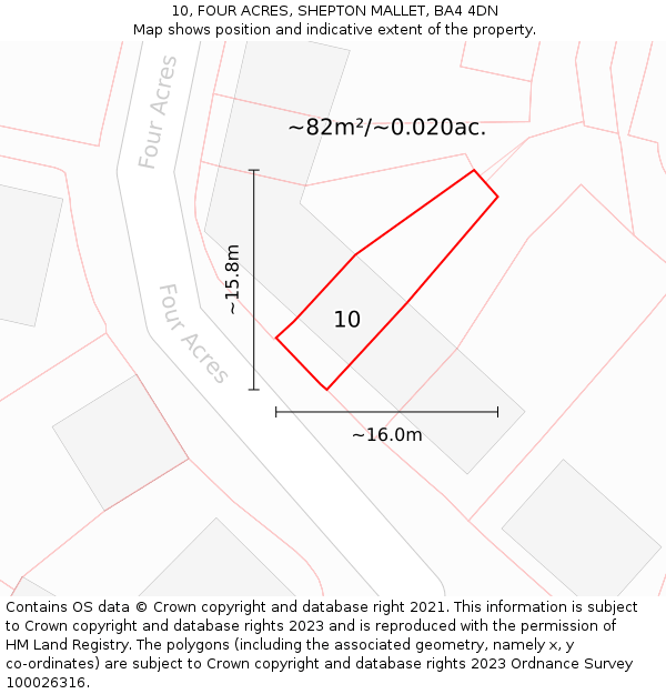 10, FOUR ACRES, SHEPTON MALLET, BA4 4DN: Plot and title map