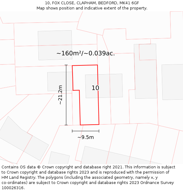 10, FOX CLOSE, CLAPHAM, BEDFORD, MK41 6GF: Plot and title map