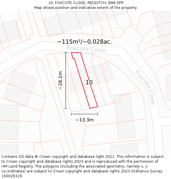 10, FOXCOTE CLOSE, REDDITCH, B98 0PR: Plot and title map