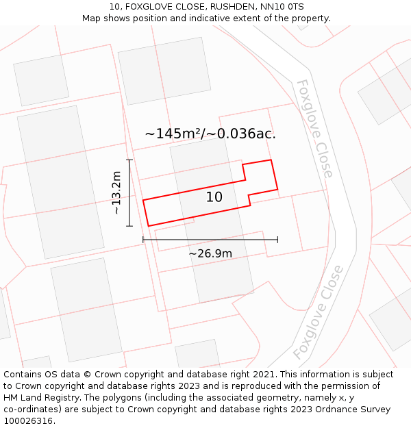 10, FOXGLOVE CLOSE, RUSHDEN, NN10 0TS: Plot and title map
