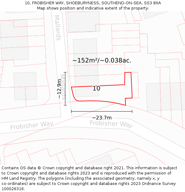 10, FROBISHER WAY, SHOEBURYNESS, SOUTHEND-ON-SEA, SS3 8XA: Plot and title map