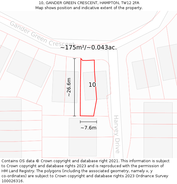 10, GANDER GREEN CRESCENT, HAMPTON, TW12 2FA: Plot and title map