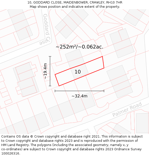 10, GODDARD CLOSE, MAIDENBOWER, CRAWLEY, RH10 7HR: Plot and title map