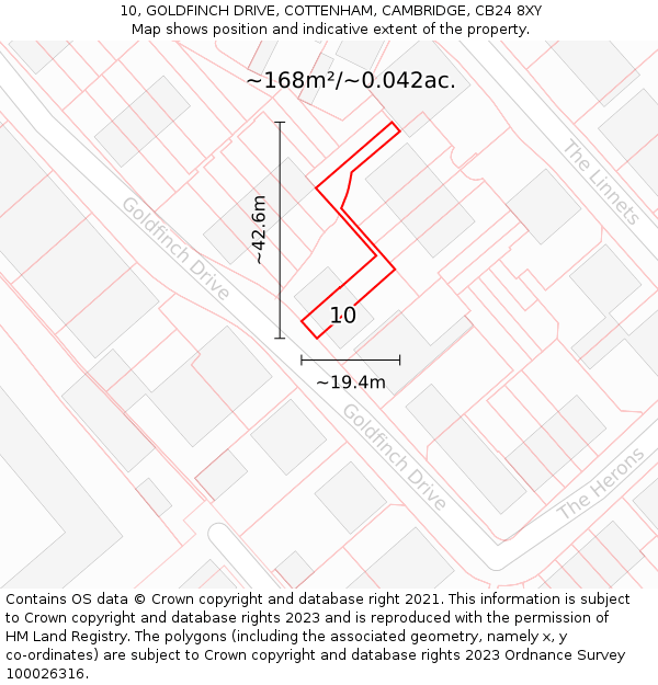 10, GOLDFINCH DRIVE, COTTENHAM, CAMBRIDGE, CB24 8XY: Plot and title map