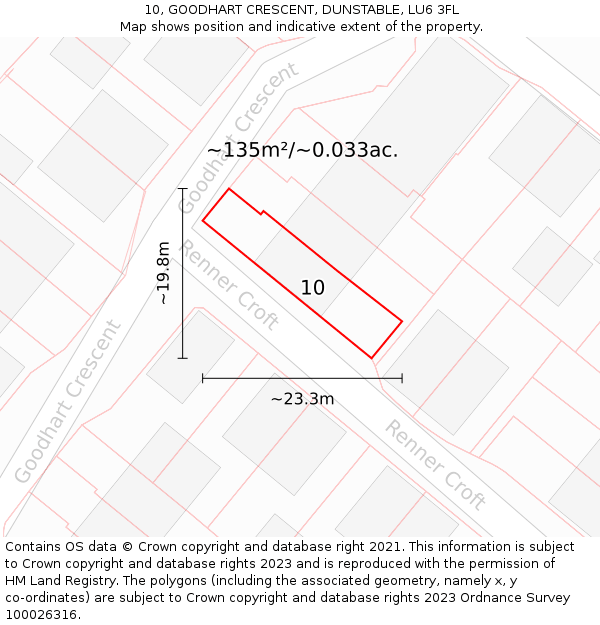 10, GOODHART CRESCENT, DUNSTABLE, LU6 3FL: Plot and title map