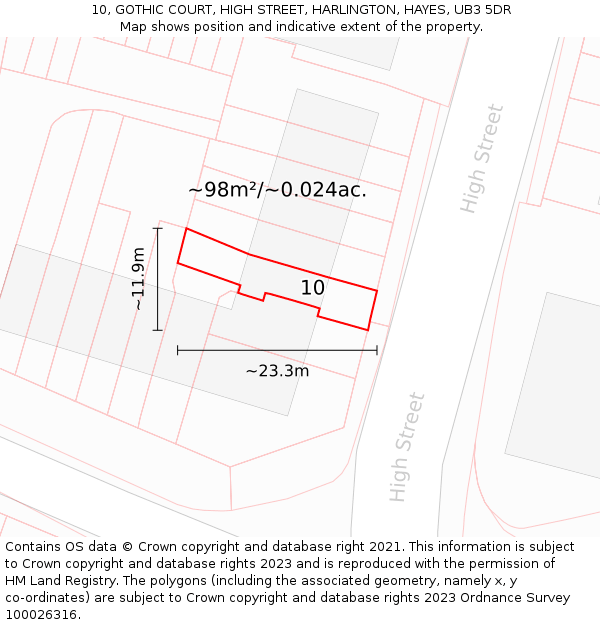 10, GOTHIC COURT, HIGH STREET, HARLINGTON, HAYES, UB3 5DR: Plot and title map