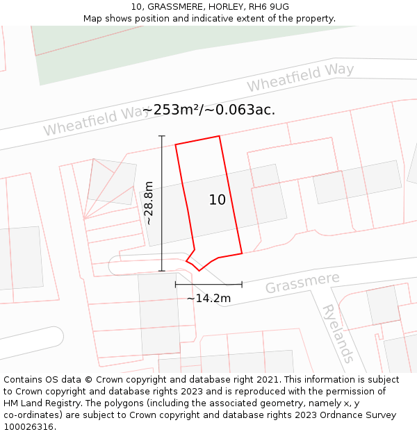 10, GRASSMERE, HORLEY, RH6 9UG: Plot and title map