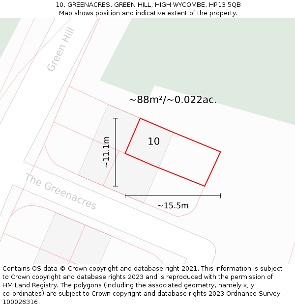 10, GREENACRES, GREEN HILL, HIGH WYCOMBE, HP13 5QB: Plot and title map