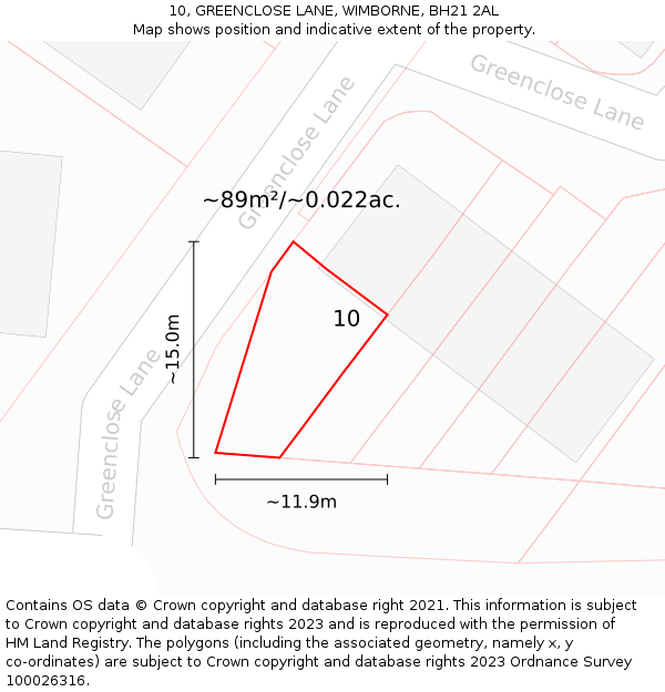 10, GREENCLOSE LANE, WIMBORNE, BH21 2AL: Plot and title map