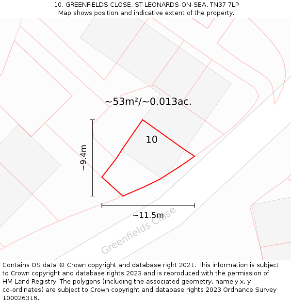 10, GREENFIELDS CLOSE, ST LEONARDS-ON-SEA, TN37 7LP: Plot and title map