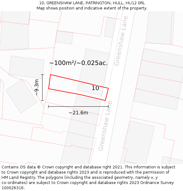 10, GREENSHAW LANE, PATRINGTON, HULL, HU12 0RL: Plot and title map