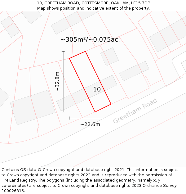 10, GREETHAM ROAD, COTTESMORE, OAKHAM, LE15 7DB: Plot and title map