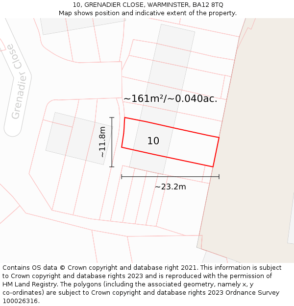 10, GRENADIER CLOSE, WARMINSTER, BA12 8TQ: Plot and title map