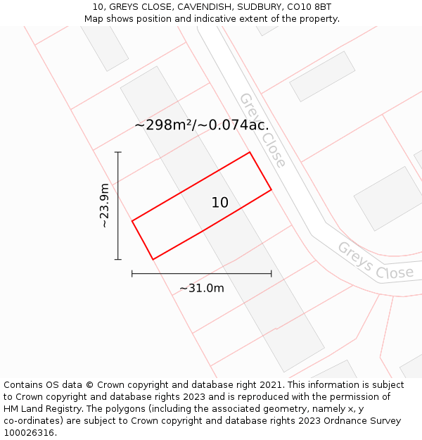 10, GREYS CLOSE, CAVENDISH, SUDBURY, CO10 8BT: Plot and title map