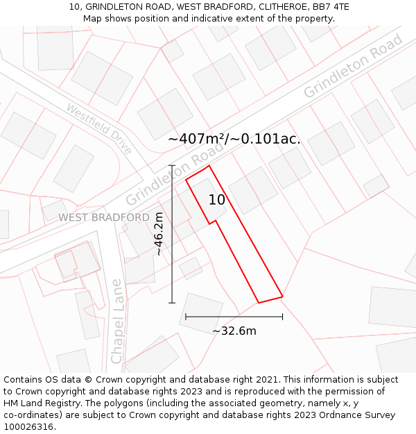 10, GRINDLETON ROAD, WEST BRADFORD, CLITHEROE, BB7 4TE: Plot and title map